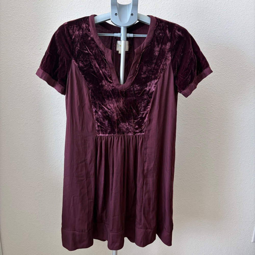 Maeve Ingrid Dress Women Size M Purple Velvet Mixed Media Split Neck Romantic